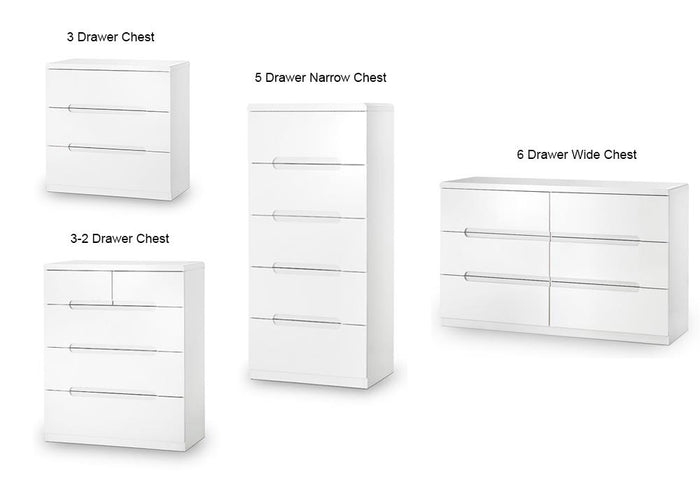 Julian Bowen Manhattan White 3 Drawer 3 + 2 Drawer 5 Drw Tall 6 Drw Wide Chests