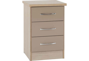 Seconique Nevada Grey, Oyster Gloss/Light Oak Effect Veneer 3 Drw Bedside Cabinet (6111774703790)