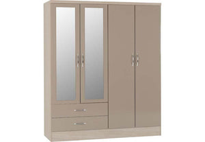 Seconique Nevada Grey, Oyster, Sonoma Oak & White 4 Door 2 Drw Mirrored Wardrobe (6541893009582)