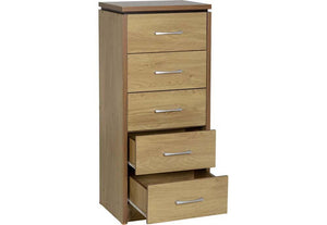 Seconique Charles Oak Effect Veneer with Walnut Trim Narrow 5 Drawer Chest (5741097451686)