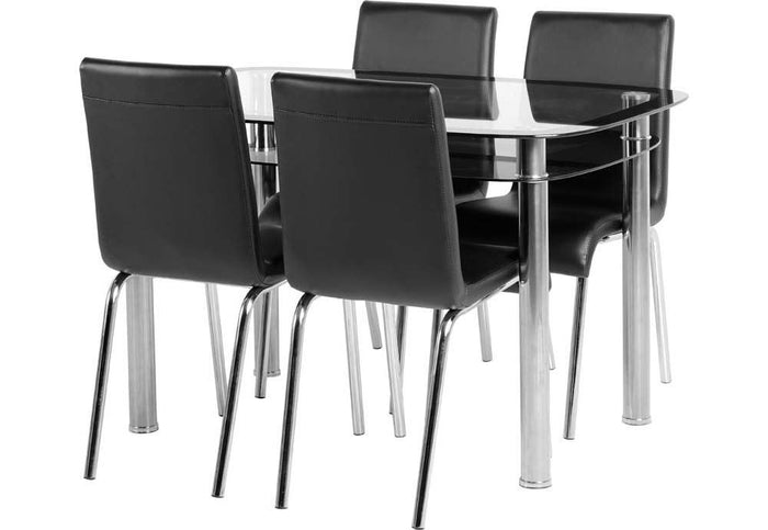 Seconique Harlequin Clear Glass Table and 4 Black Faux Leather Chairs Dining Set