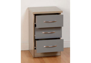 Seconique Nevada Grey, Oyster Gloss/Light Oak Effect Veneer 3 Drw Bedside Cabinet (6111774703790)