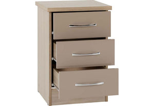 Seconique Nevada Grey, Oyster Gloss/Light Oak Effect Veneer 3 Drw Bedside Cabinet (6111774703790)