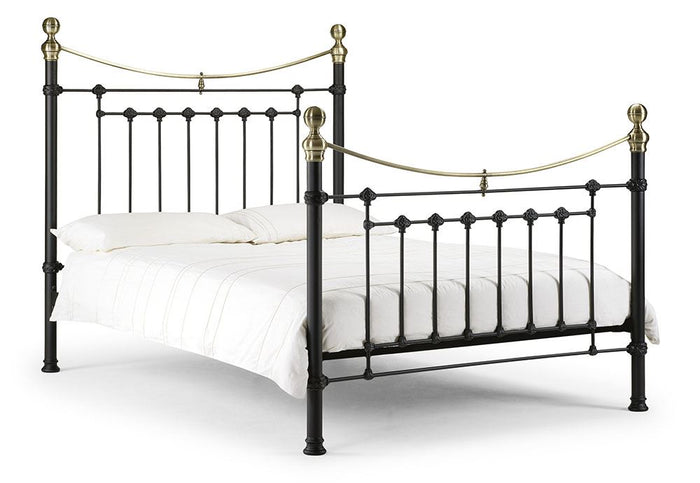 Julian Bowen Victoria Stone White Satin Black Metal Bed 4FT6 Double 5FT King