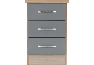 Seconique Nevada Grey, Oyster Gloss/Light Oak Effect Veneer 3 Drw Bedside Cabinet (6111774703790)
