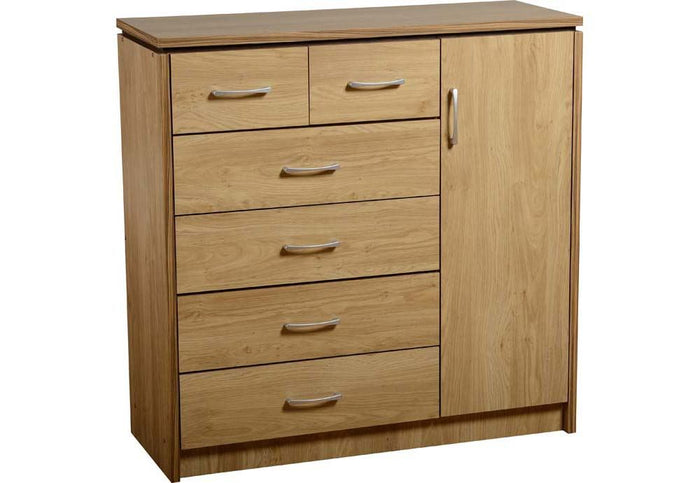 Seconique Charles Oak Effect Veneer with Walnut Trim 1 Door 6 Drawer Chest
