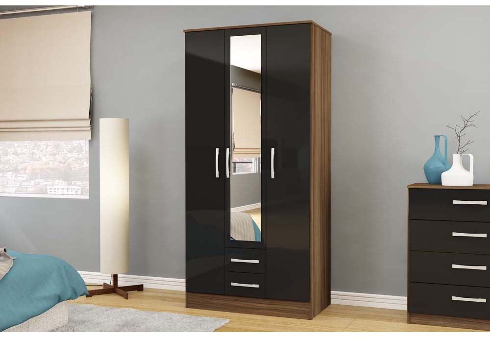 Lynx Walnut Black Gloss Bedroom Furniture Wardrobe Chest Bedside by Birlea