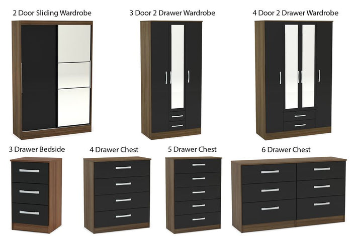 Lynx Walnut & Black Gloss Bedroom Furniture Wardrobe Chest Bedside by Birlea