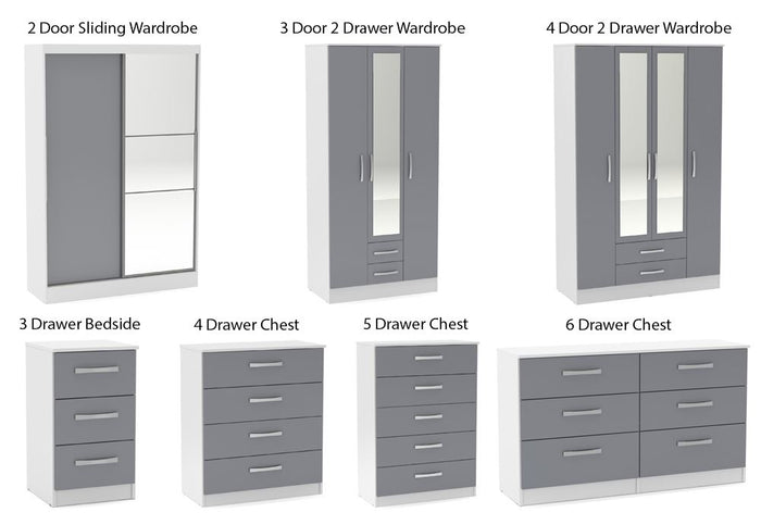 Lynx White & Grey Gloss Bedroom Furniture Wardrobe Chest Bedside by Birlea
