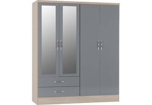 Seconique Nevada Grey, Oyster, Sonoma Oak & White 4 Door 2 Drw Mirrored Wardrobe (6541893009582)