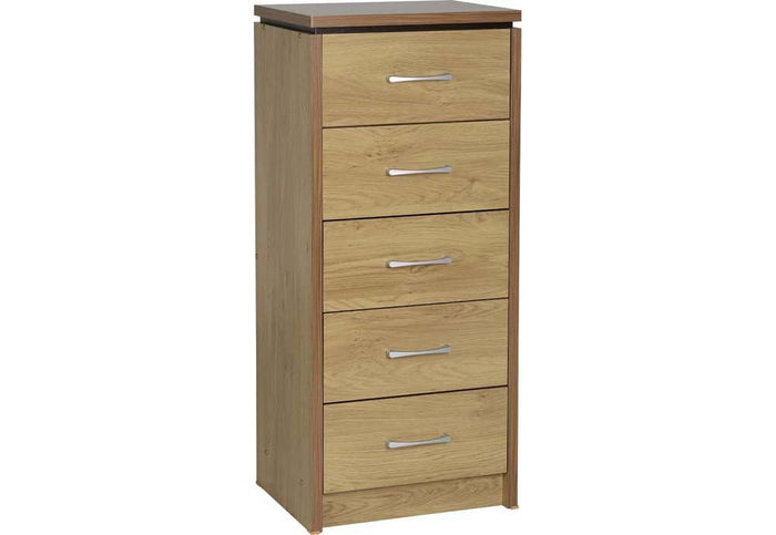 Seconique Charles Oak Effect Veneer with Walnut Trim Narrow 5 Drawer Chest