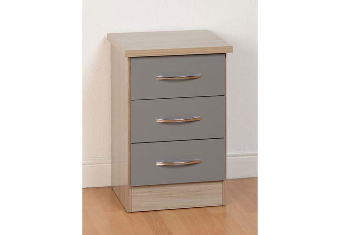 Seconique Nevada Grey, Oyster Gloss/Light Oak Effect Veneer 3 Drw Bedside Cabinet