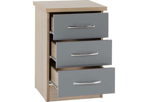 Seconique Nevada Grey, Oyster Gloss/Light Oak Effect Veneer 3 Drw Bedside Cabinet (6111774703790)