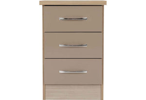 Seconique Nevada Grey, Oyster Gloss/Light Oak Effect Veneer 3 Drw Bedside Cabinet (6111774703790)