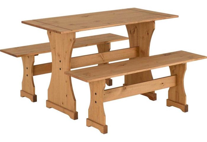 Seconique Corona Distressed Waxed Solid Pine Dinette Set Table and Two Benches